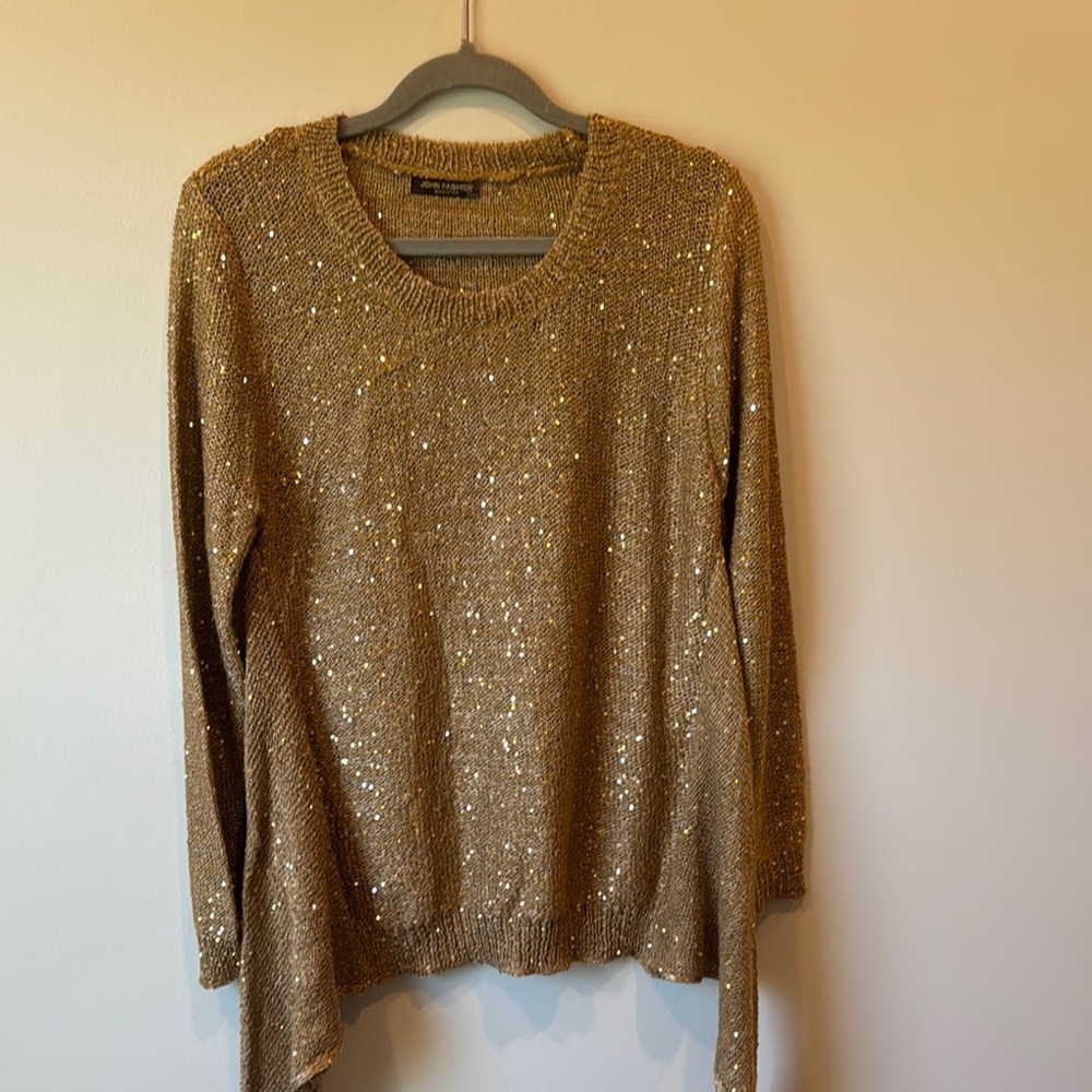 John Fashion Gold Sequin Women's Sharkbite Hem Wool Sweater Large GUC